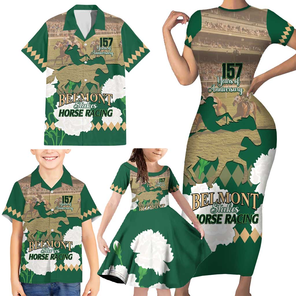 Personalized Belmont Horse Racing Family Matching Short Sleeve Bodycon Dress and Hawaiian Shirt 157th Anniversary Run For The Carnations
