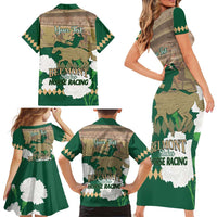 Personalized Belmont Horse Racing Family Matching Short Sleeve Bodycon Dress and Hawaiian Shirt 157th Anniversary Run For The Carnations