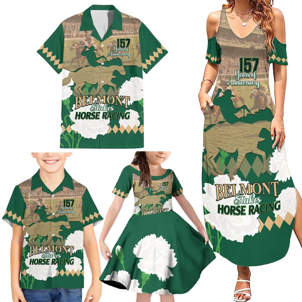 Personalized Belmont Horse Racing Family Matching Summer Maxi Dress and Hawaiian Shirt 157th Anniversary Run For The Carnations