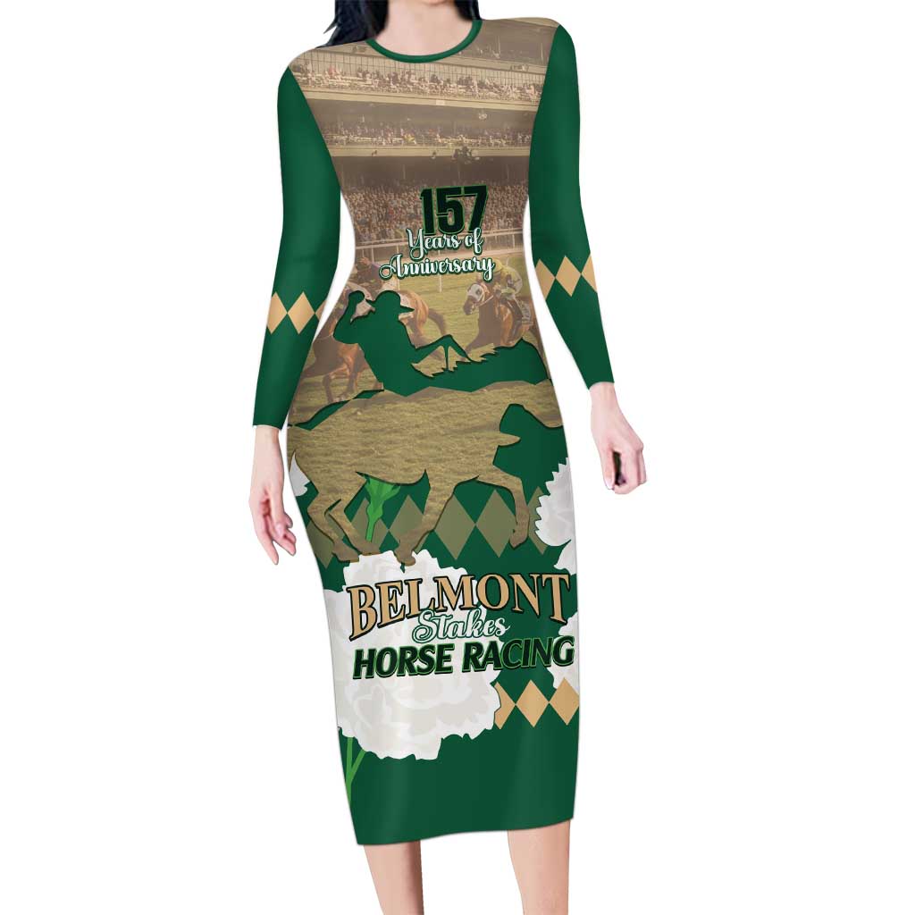 Personalized Belmont Horse Racing Long Sleeve Bodycon Dress 157th Anniversary Run For The Carnations
