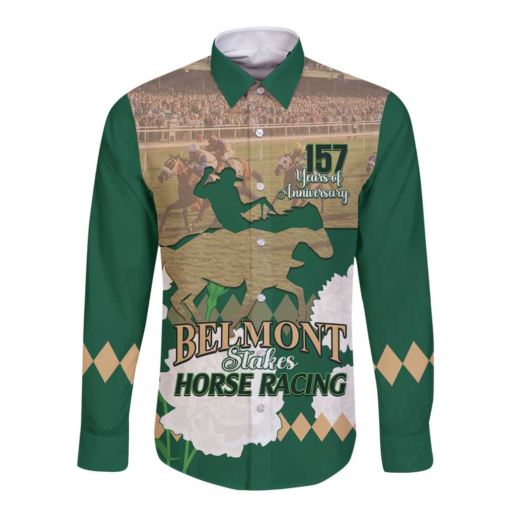 Personalized Belmont Horse Racing Long Sleeve Button Shirt 157th Anniversary Run For The Carnations