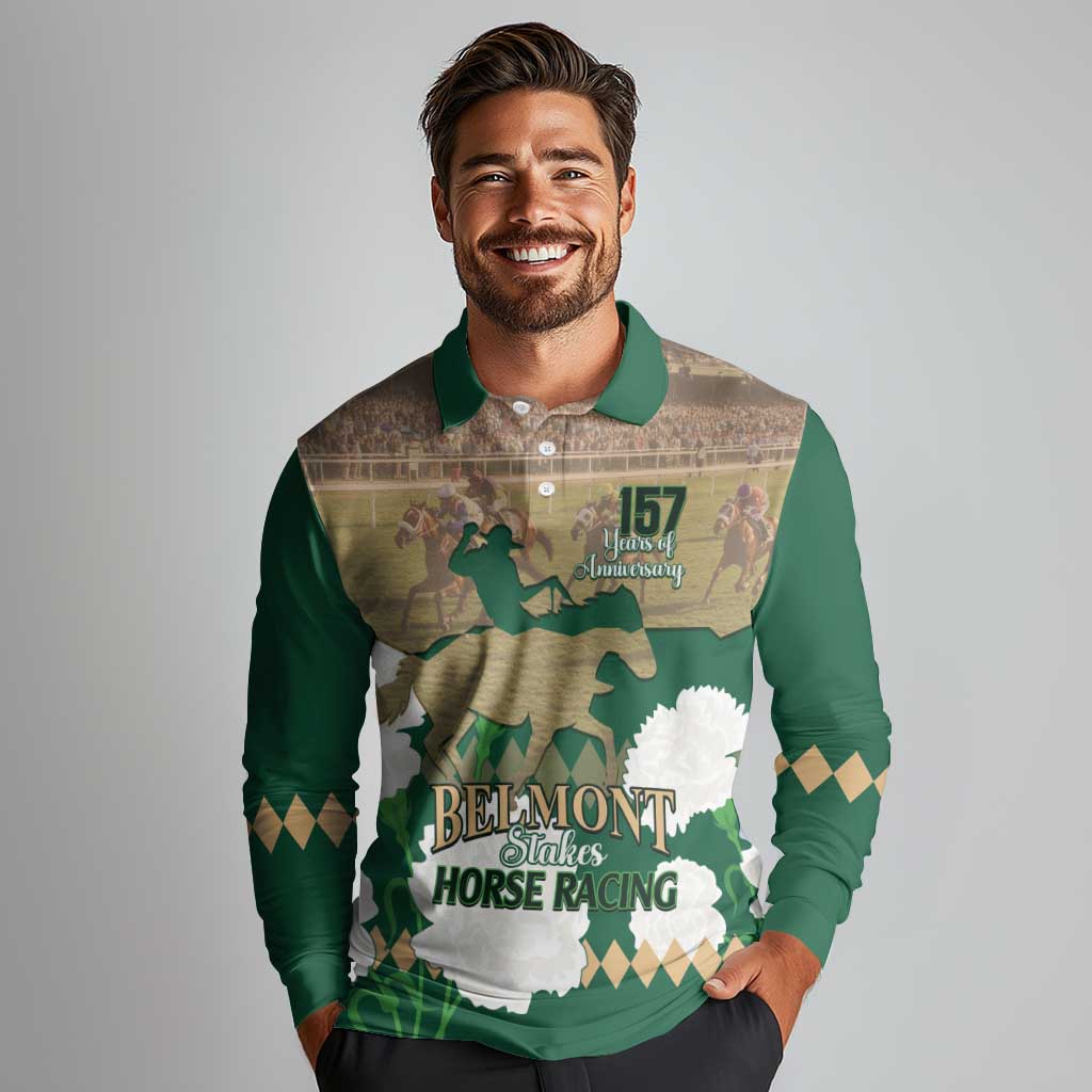 Personalized Belmont Horse Racing Long Sleeve Polo Shirt 157th Anniversary Run For The Carnations