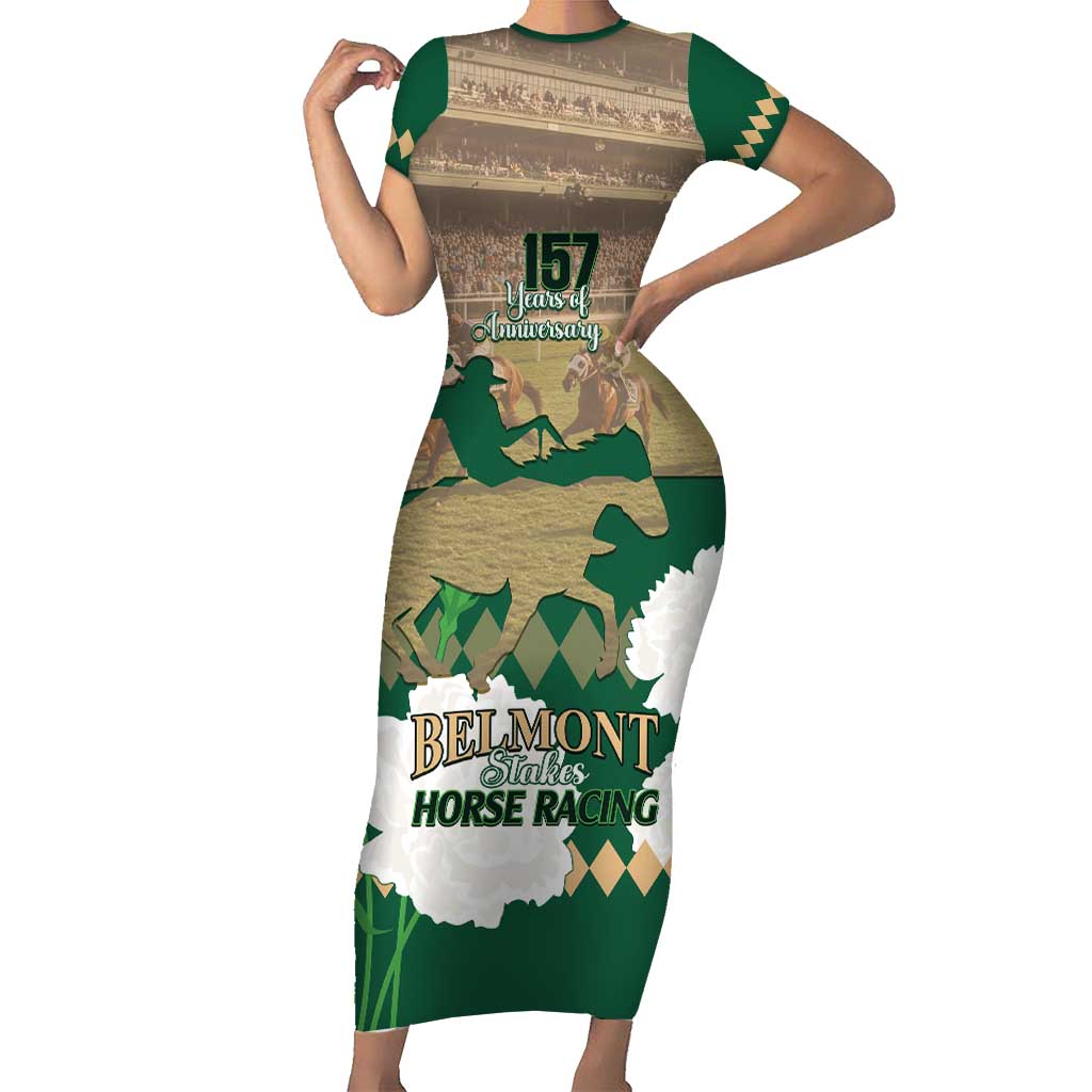 Personalized Belmont Horse Racing Short Sleeve Bodycon Dress 157th Anniversary Run For The Carnations