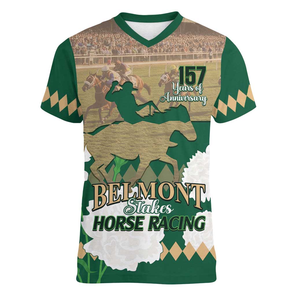 Personalized Belmont Horse Racing Women V-Neck T-Shirt 157th Anniversary Run For The Carnations