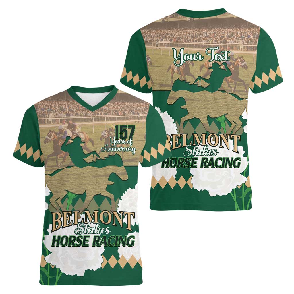 Personalized Belmont Horse Racing Women V-Neck T-Shirt 157th Anniversary Run For The Carnations