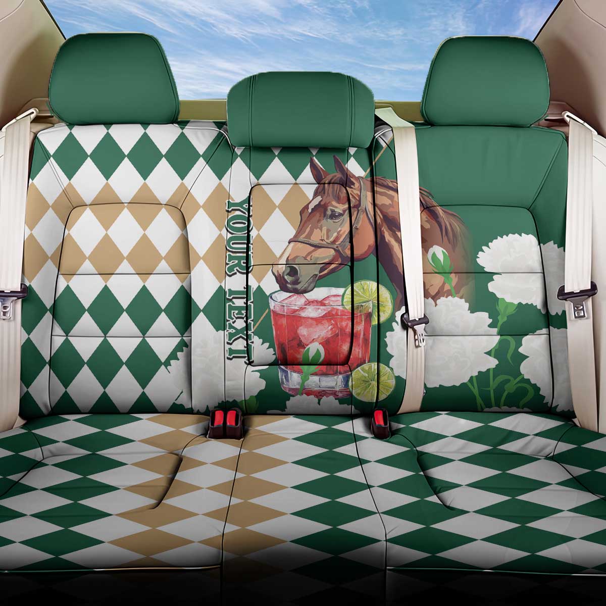 Personalized Belmont Horse Racing Back Car Seat Cover Jewel Cocktail With White Carnations