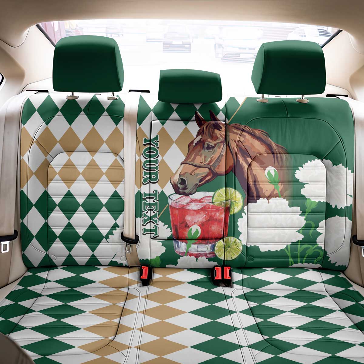 Personalized Belmont Horse Racing Back Car Seat Cover Jewel Cocktail With White Carnations