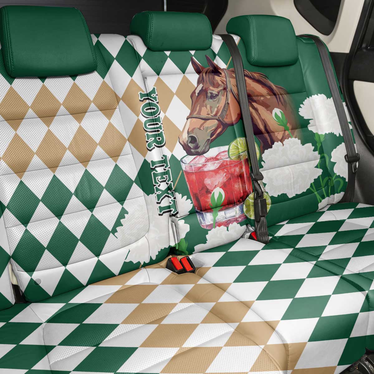 Personalized Belmont Horse Racing Back Car Seat Cover Jewel Cocktail With White Carnations