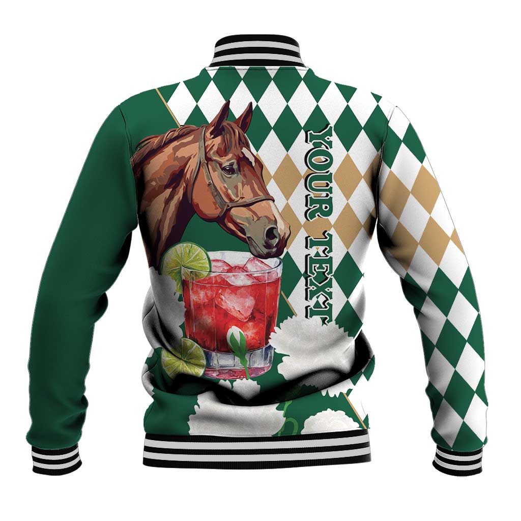 Personalized Belmont Horse Racing Baseball Jacket Jewel Cocktail With White Carnations