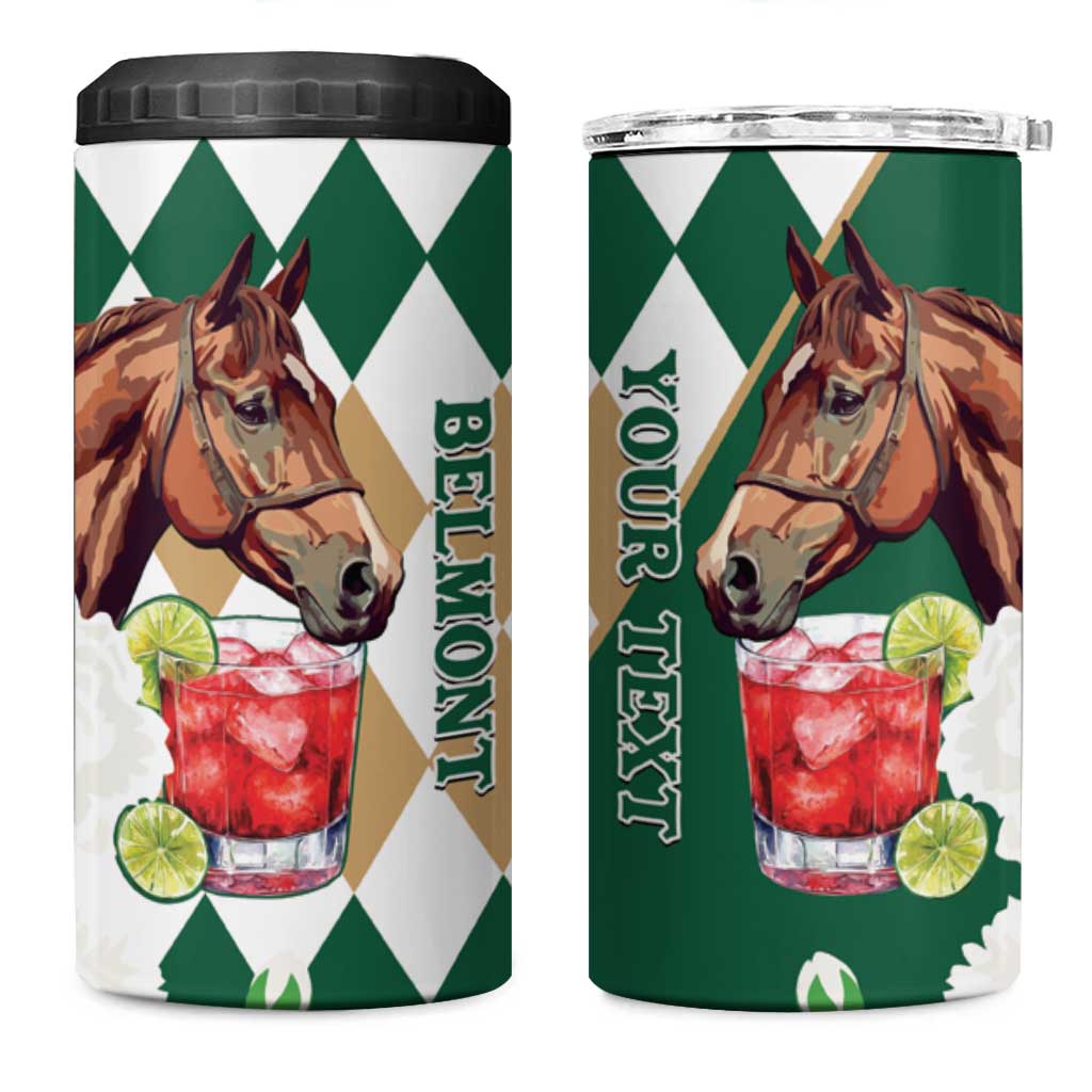 Personalized Belmont Horse Racing 4 in 1 Can Cooler Tumbler Jewel Cocktail With White Carnations