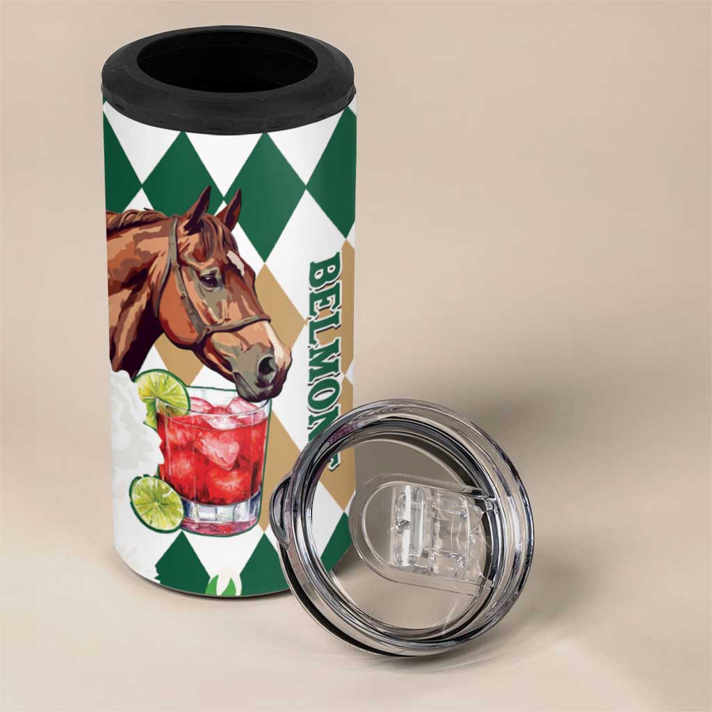 Personalized Belmont Horse Racing 4 in 1 Can Cooler Tumbler Jewel Cocktail With White Carnations