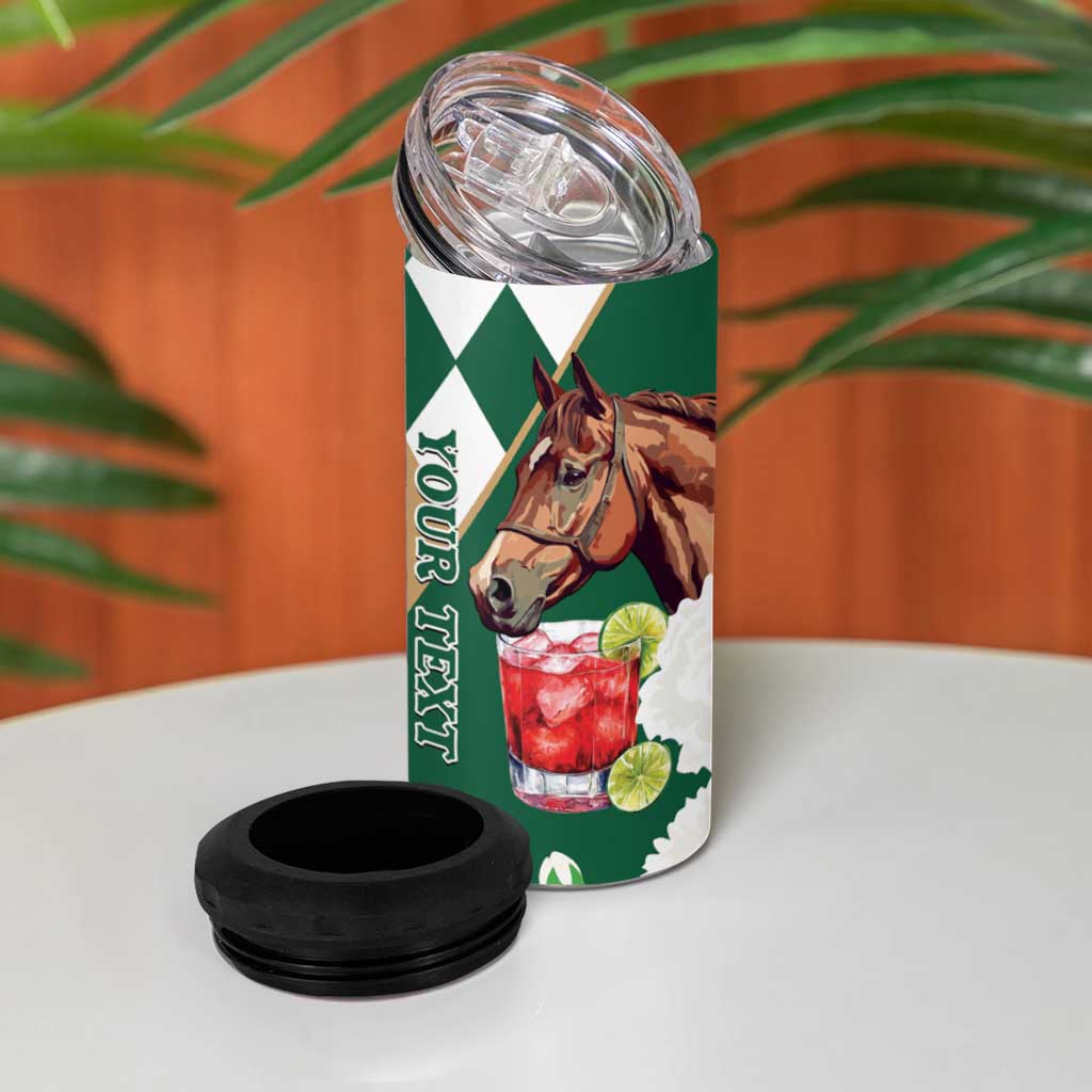 Personalized Belmont Horse Racing 4 in 1 Can Cooler Tumbler Jewel Cocktail With White Carnations