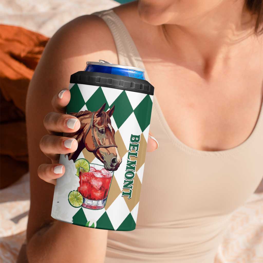 Personalized Belmont Horse Racing 4 in 1 Can Cooler Tumbler Jewel Cocktail With White Carnations