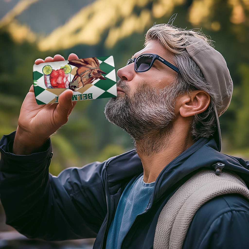 Personalized Belmont Horse Racing 4 in 1 Can Cooler Tumbler Jewel Cocktail With White Carnations