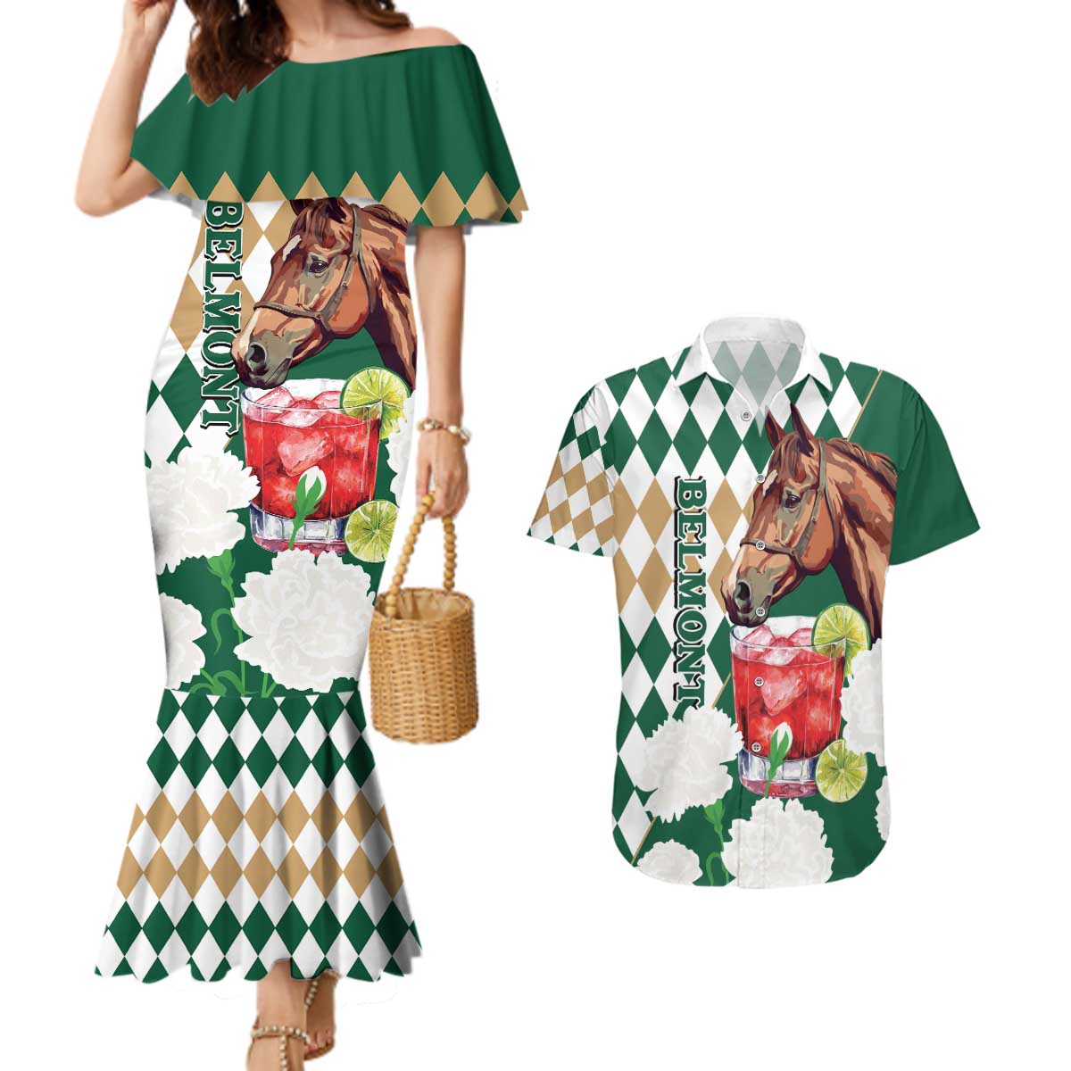 Personalized Belmont Horse Racing Couples Matching Mermaid Dress and Hawaiian Shirt Jewel Cocktail With White Carnations