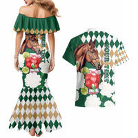 Personalized Belmont Horse Racing Couples Matching Mermaid Dress and Hawaiian Shirt Jewel Cocktail With White Carnations