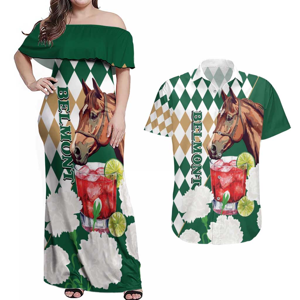 Personalized Belmont Horse Racing Couples Matching Off Shoulder Maxi Dress and Hawaiian Shirt Jewel Cocktail With White Carnations