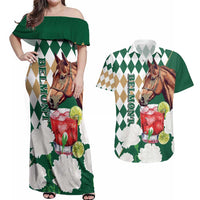 Personalized Belmont Horse Racing Couples Matching Off Shoulder Maxi Dress and Hawaiian Shirt Jewel Cocktail With White Carnations
