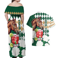 Personalized Belmont Horse Racing Couples Matching Off Shoulder Maxi Dress and Hawaiian Shirt Jewel Cocktail With White Carnations