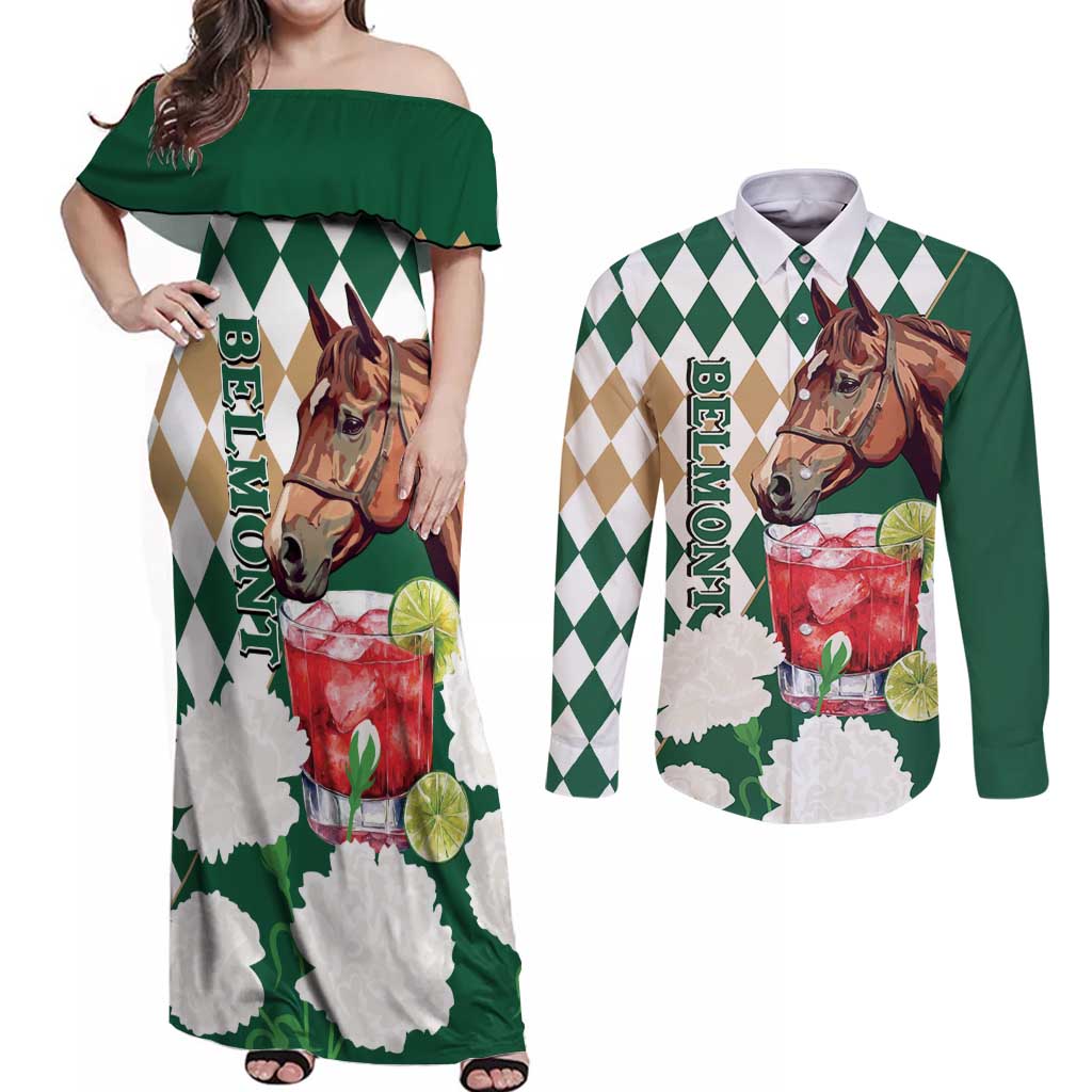Personalized Belmont Horse Racing Couples Matching Off Shoulder Maxi Dress and Long Sleeve Button Shirt Jewel Cocktail With White Carnations