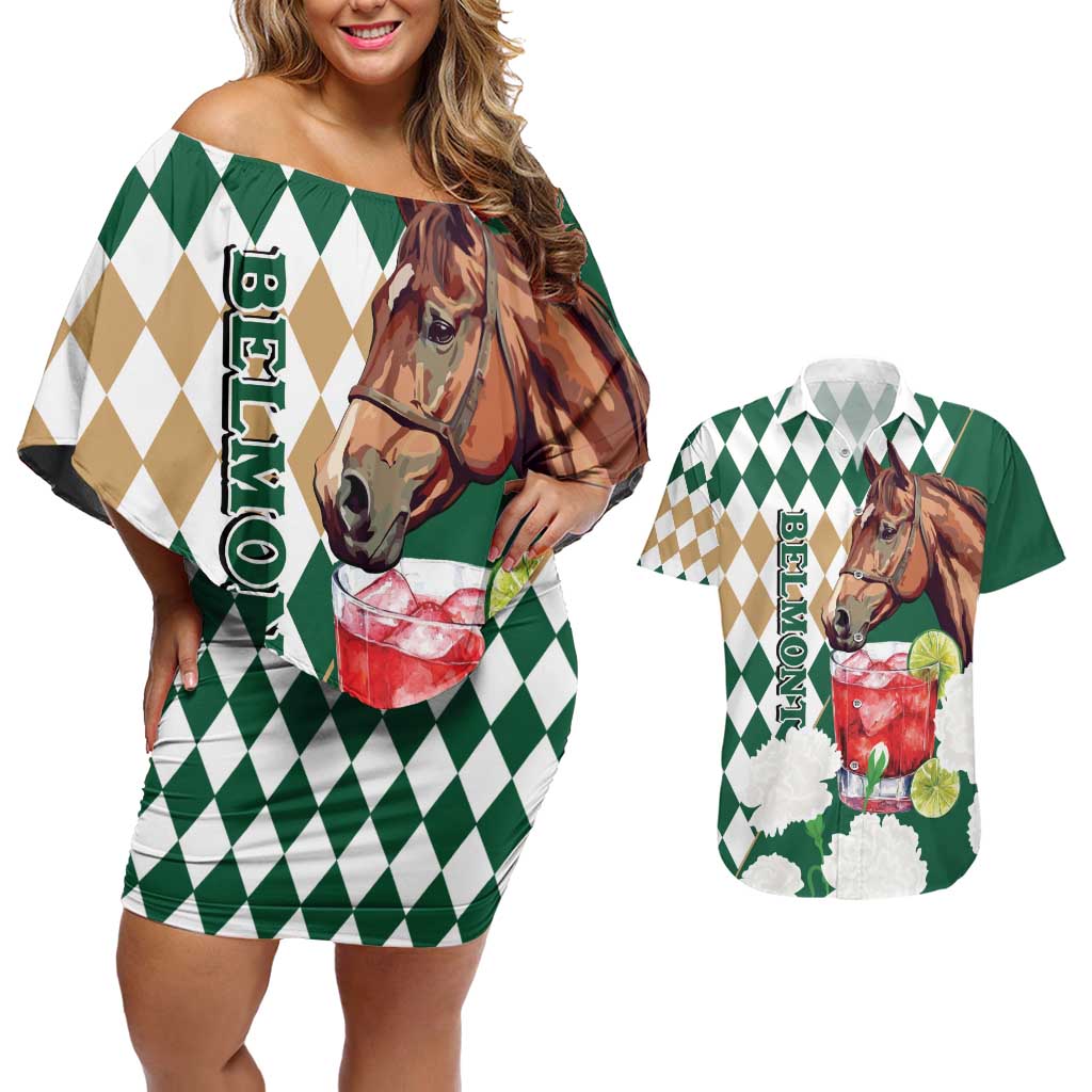 Personalized Belmont Horse Racing Couples Matching Off Shoulder Short Dress and Hawaiian Shirt Jewel Cocktail With White Carnations