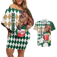 Personalized Belmont Horse Racing Couples Matching Off Shoulder Short Dress and Hawaiian Shirt Jewel Cocktail With White Carnations