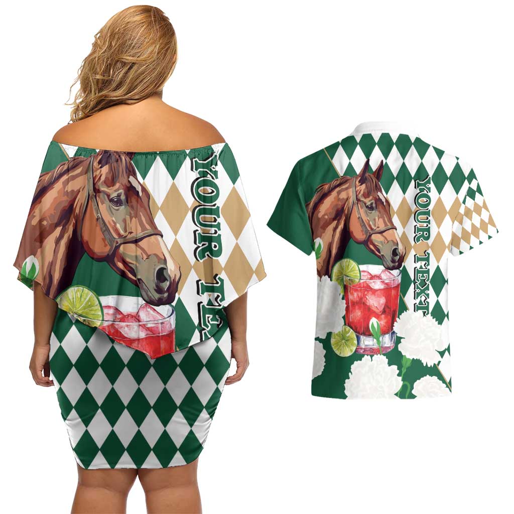 Personalized Belmont Horse Racing Couples Matching Off Shoulder Short Dress and Hawaiian Shirt Jewel Cocktail With White Carnations
