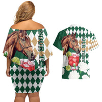 Personalized Belmont Horse Racing Couples Matching Off Shoulder Short Dress and Hawaiian Shirt Jewel Cocktail With White Carnations