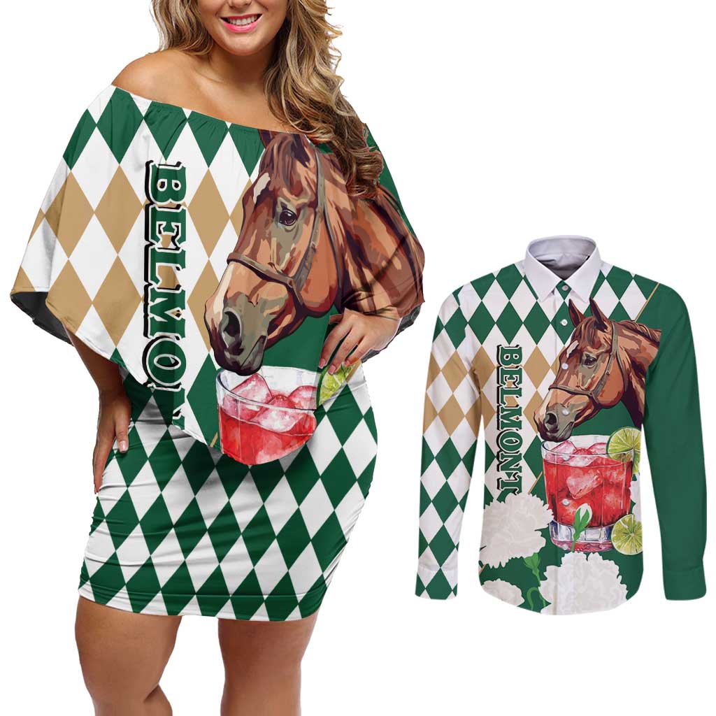 Personalized Belmont Horse Racing Couples Matching Off Shoulder Short Dress and Long Sleeve Button Shirt Jewel Cocktail With White Carnations