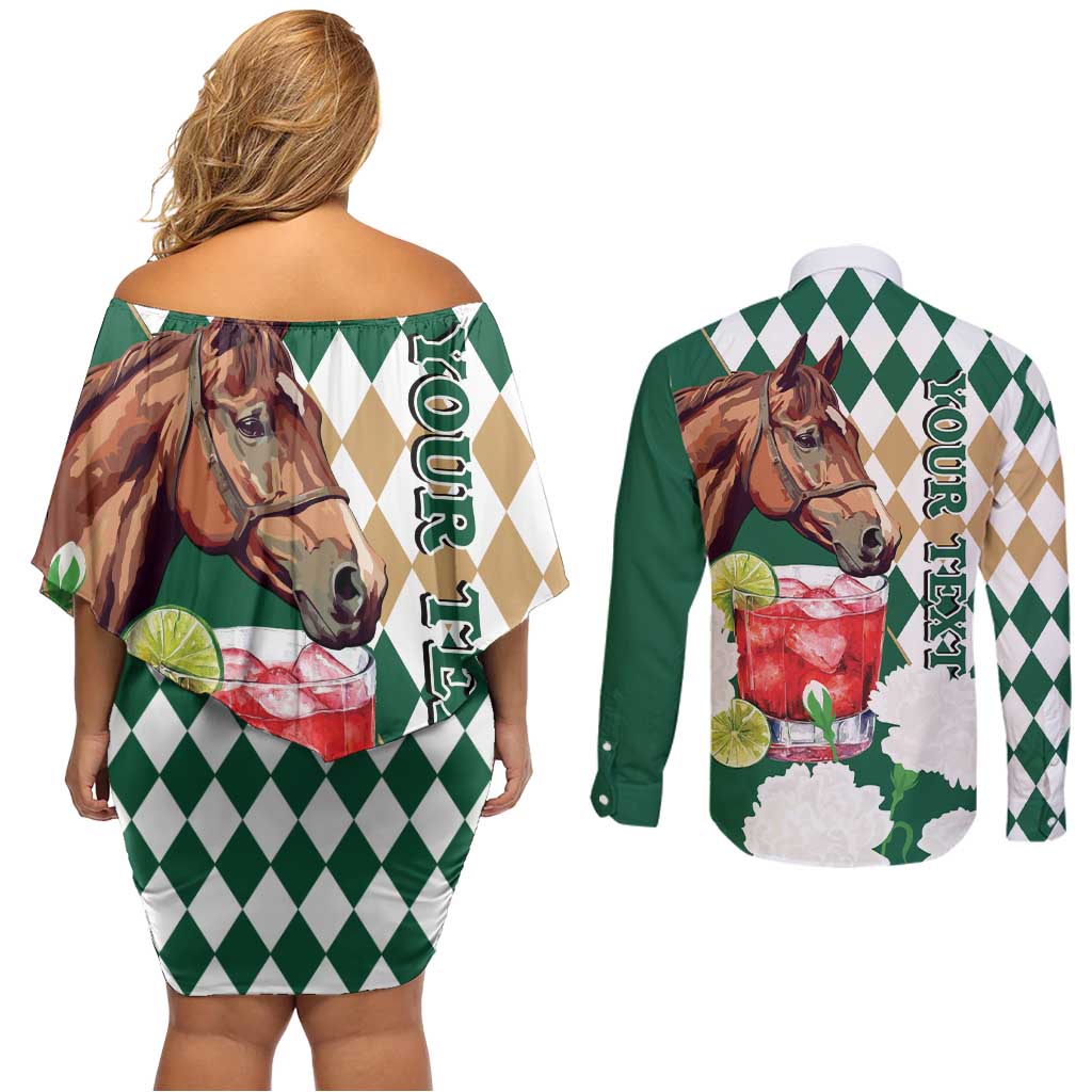 Personalized Belmont Horse Racing Couples Matching Off Shoulder Short Dress and Long Sleeve Button Shirt Jewel Cocktail With White Carnations