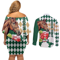 Personalized Belmont Horse Racing Couples Matching Off Shoulder Short Dress and Long Sleeve Button Shirt Jewel Cocktail With White Carnations