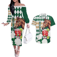 Personalized Belmont Horse Racing Couples Matching Off The Shoulder Long Sleeve Dress and Hawaiian Shirt Jewel Cocktail With White Carnations