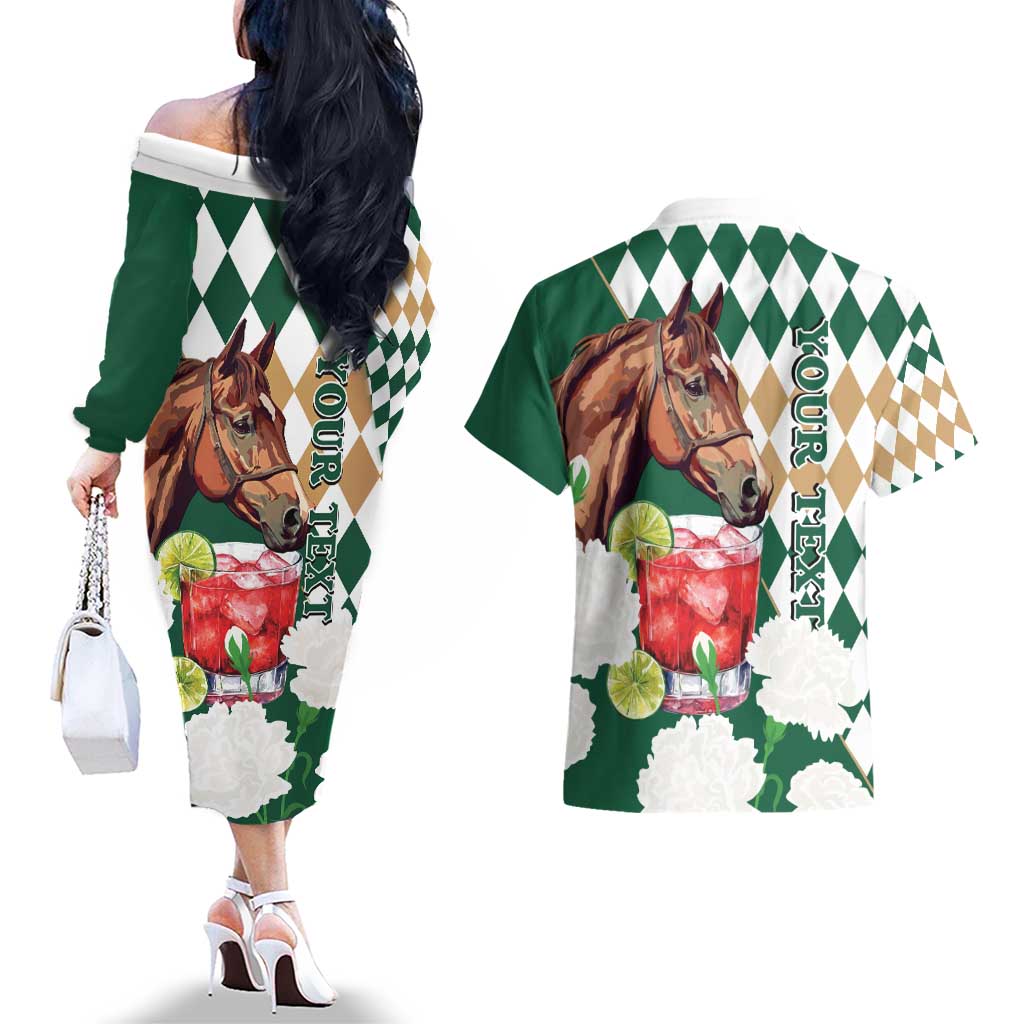 Personalized Belmont Horse Racing Couples Matching Off The Shoulder Long Sleeve Dress and Hawaiian Shirt Jewel Cocktail With White Carnations