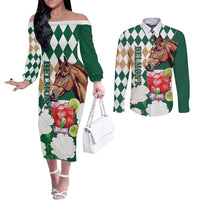 Personalized Belmont Horse Racing Couples Matching Off The Shoulder Long Sleeve Dress and Long Sleeve Button Shirt Jewel Cocktail With White Carnations