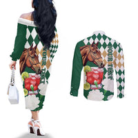 Personalized Belmont Horse Racing Couples Matching Off The Shoulder Long Sleeve Dress and Long Sleeve Button Shirt Jewel Cocktail With White Carnations