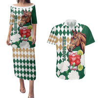 Personalized Belmont Horse Racing Couples Matching Puletasi and Hawaiian Shirt Jewel Cocktail With White Carnations