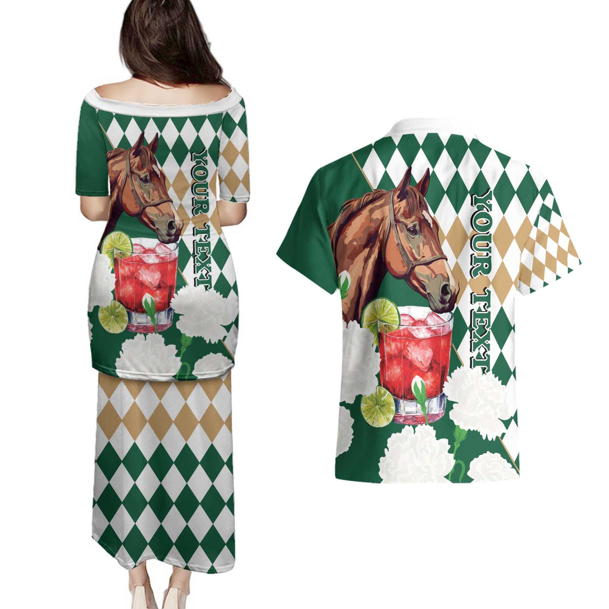 Personalized Belmont Horse Racing Couples Matching Puletasi and Hawaiian Shirt Jewel Cocktail With White Carnations