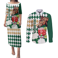 Personalized Belmont Horse Racing Couples Matching Puletasi and Long Sleeve Button Shirt Jewel Cocktail With White Carnations