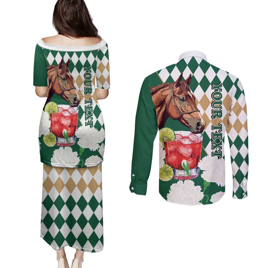 Personalized Belmont Horse Racing Couples Matching Puletasi and Long Sleeve Button Shirt Jewel Cocktail With White Carnations