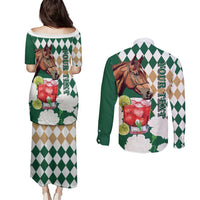 Personalized Belmont Horse Racing Couples Matching Puletasi and Long Sleeve Button Shirt Jewel Cocktail With White Carnations