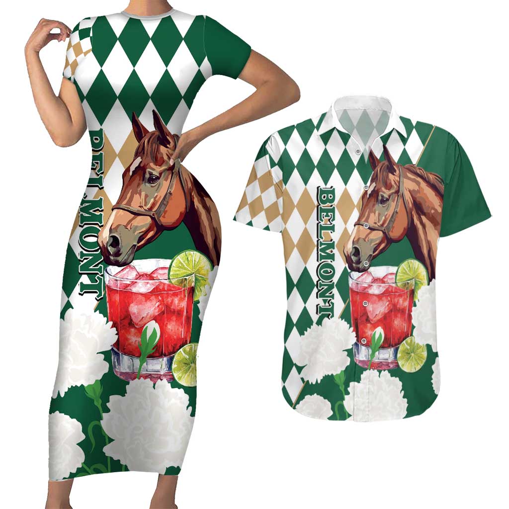 Personalized Belmont Horse Racing Couples Matching Short Sleeve Bodycon Dress and Hawaiian Shirt Jewel Cocktail With White Carnations
