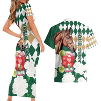 Personalized Belmont Horse Racing Couples Matching Short Sleeve Bodycon Dress and Hawaiian Shirt Jewel Cocktail With White Carnations