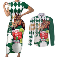 Personalized Belmont Horse Racing Couples Matching Short Sleeve Bodycon Dress and Long Sleeve Button Shirt Jewel Cocktail With White Carnations