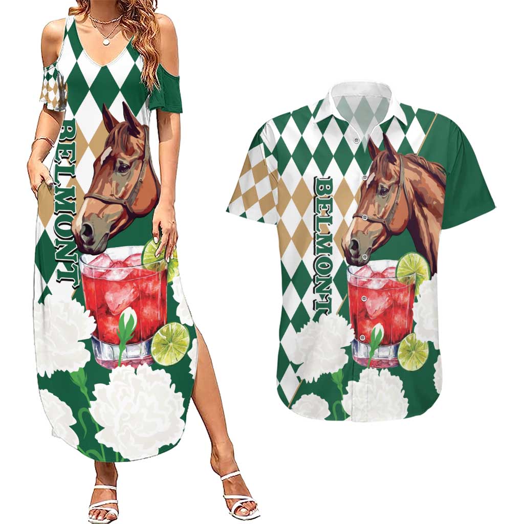Personalized Belmont Horse Racing Couples Matching Summer Maxi Dress and Hawaiian Shirt Jewel Cocktail With White Carnations