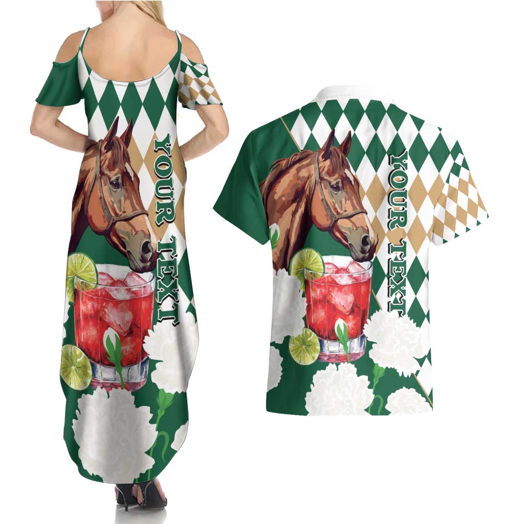 Personalized Belmont Horse Racing Couples Matching Summer Maxi Dress and Hawaiian Shirt Jewel Cocktail With White Carnations