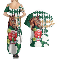 Personalized Belmont Horse Racing Couples Matching Summer Maxi Dress and Hawaiian Shirt Jewel Cocktail With White Carnations