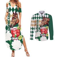 Personalized Belmont Horse Racing Couples Matching Summer Maxi Dress and Long Sleeve Button Shirt Jewel Cocktail With White Carnations