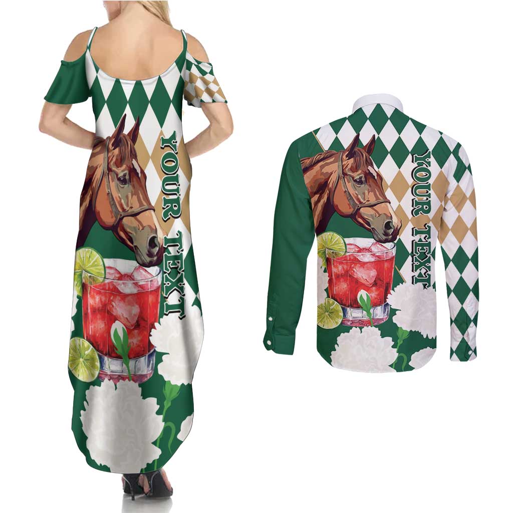 Personalized Belmont Horse Racing Couples Matching Summer Maxi Dress and Long Sleeve Button Shirt Jewel Cocktail With White Carnations