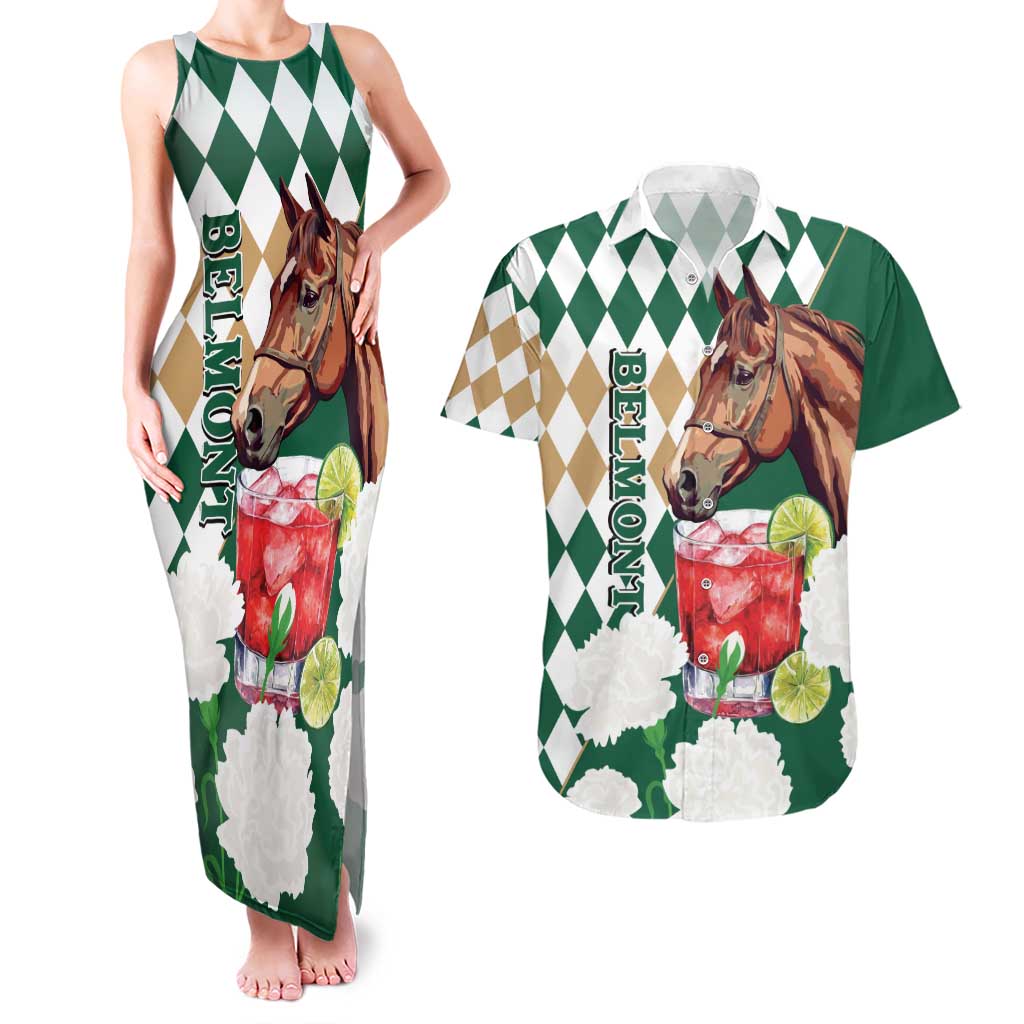 Personalized Belmont Horse Racing Couples Matching Tank Maxi Dress and Hawaiian Shirt Jewel Cocktail With White Carnations