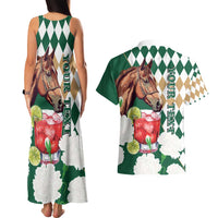 Personalized Belmont Horse Racing Couples Matching Tank Maxi Dress and Hawaiian Shirt Jewel Cocktail With White Carnations